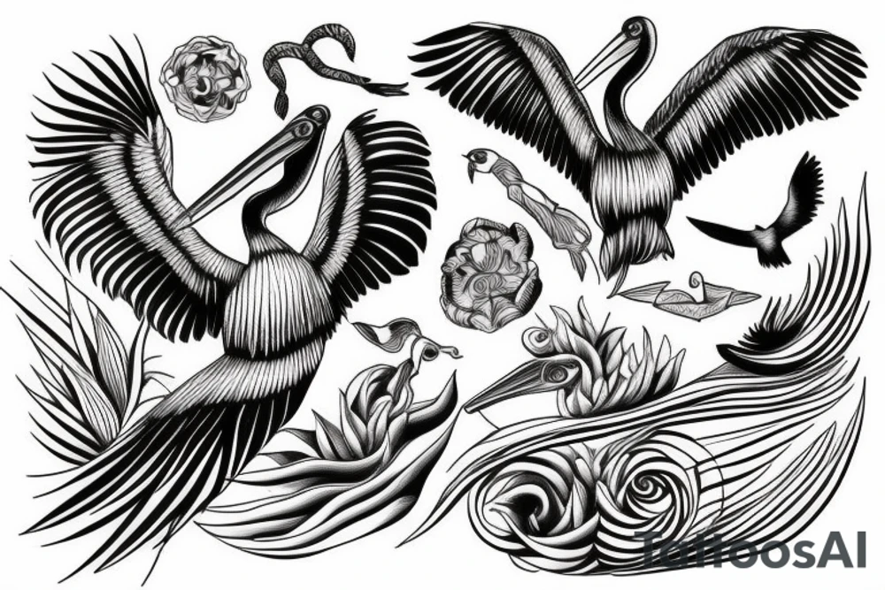 Pelican flying over the sea tattoo idea