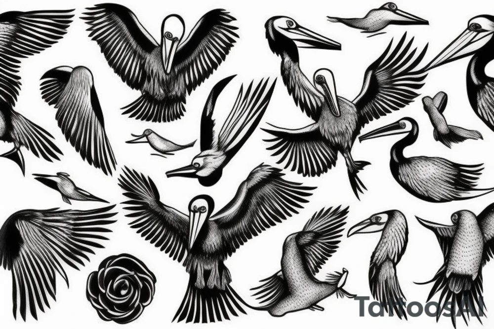 Pelican flying over the sea tattoo idea