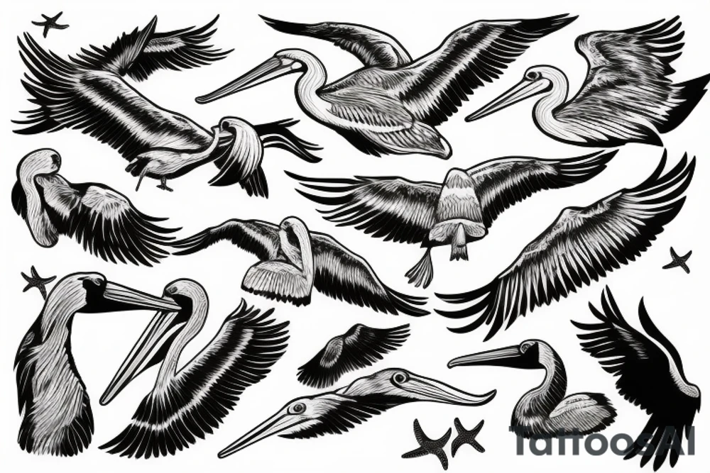 Pelican flying over the sea tattoo idea