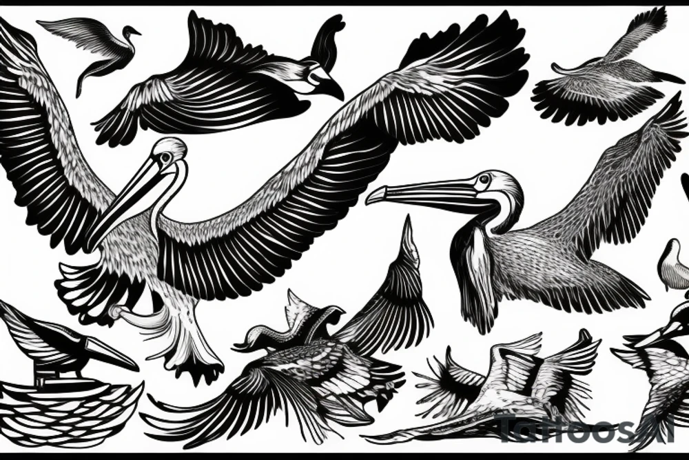 Pelican flying over the sea tattoo idea