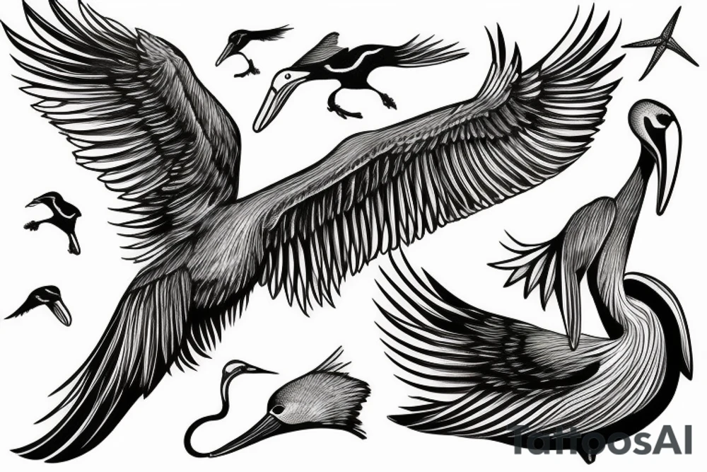 Pelican flying over the sea tattoo idea