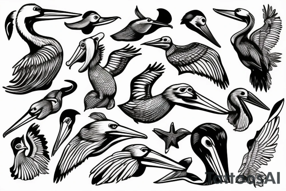 Pelican flying over the sea tattoo idea