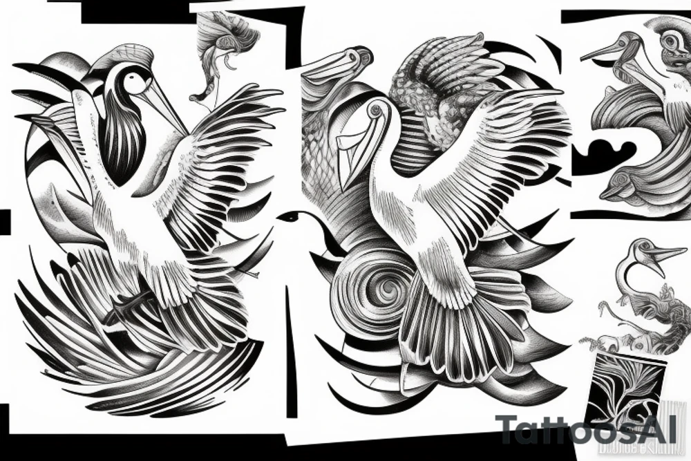 Pelican flying over the sea tattoo idea