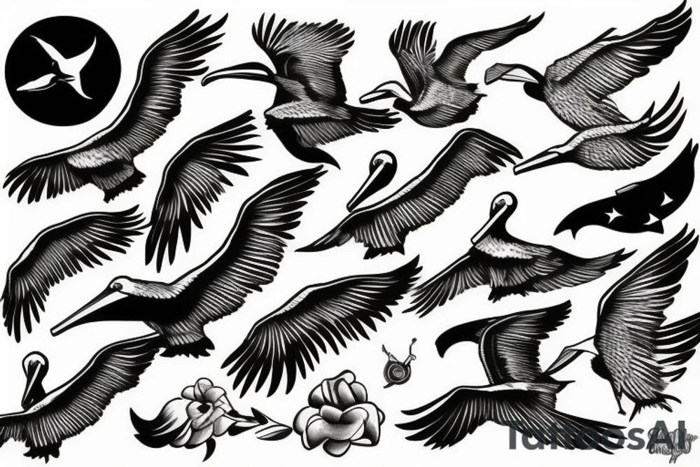 Pelican flying over the sea tattoo idea