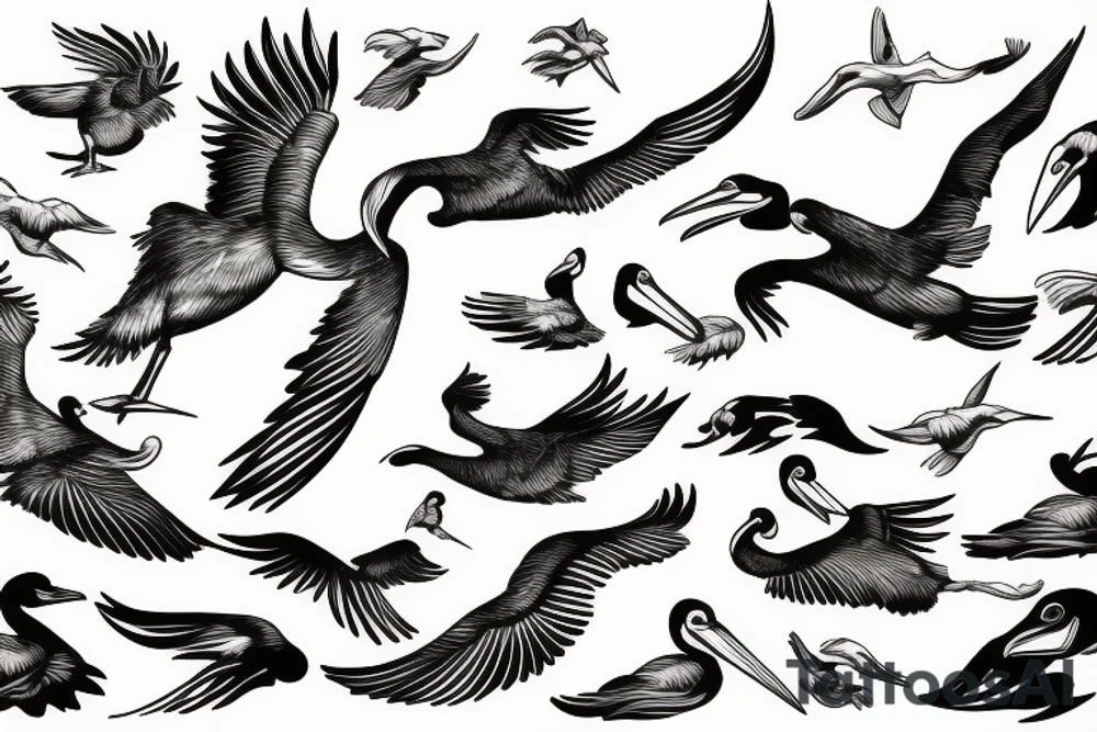 Pelican flying over the sea tattoo idea