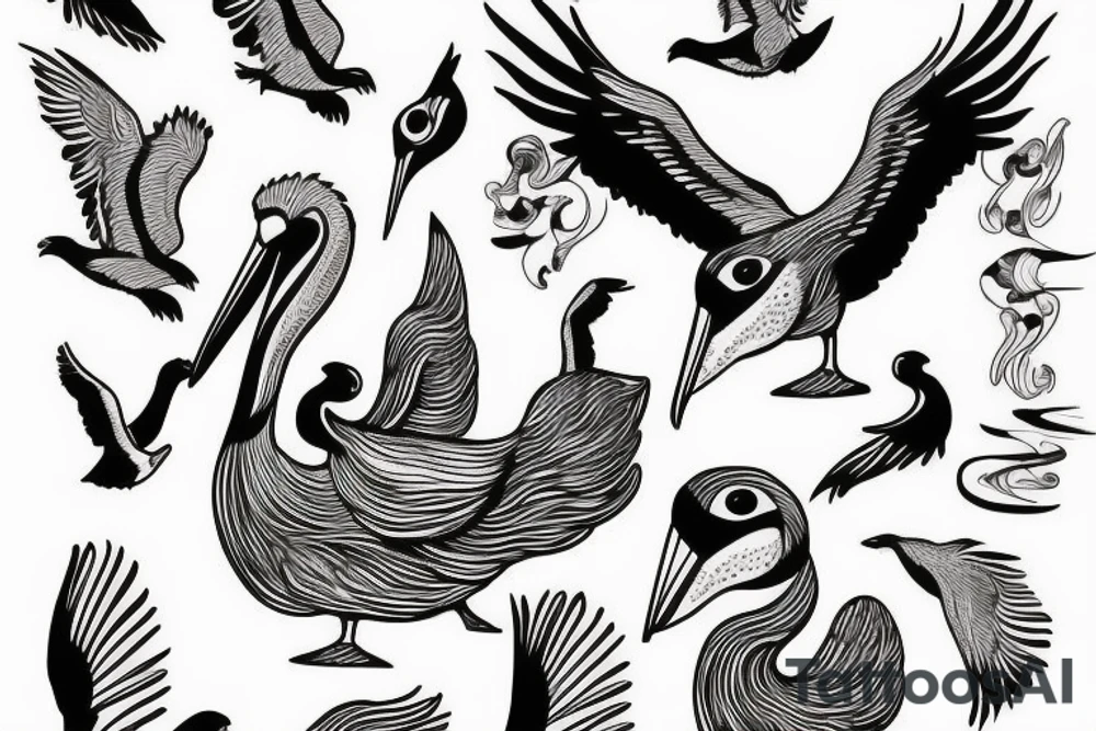 Pelican flying over the sea tattoo idea