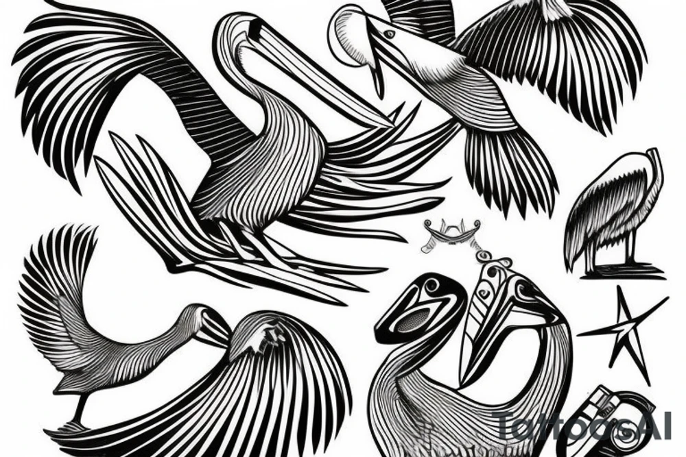 Pelican flying over the sea tattoo idea