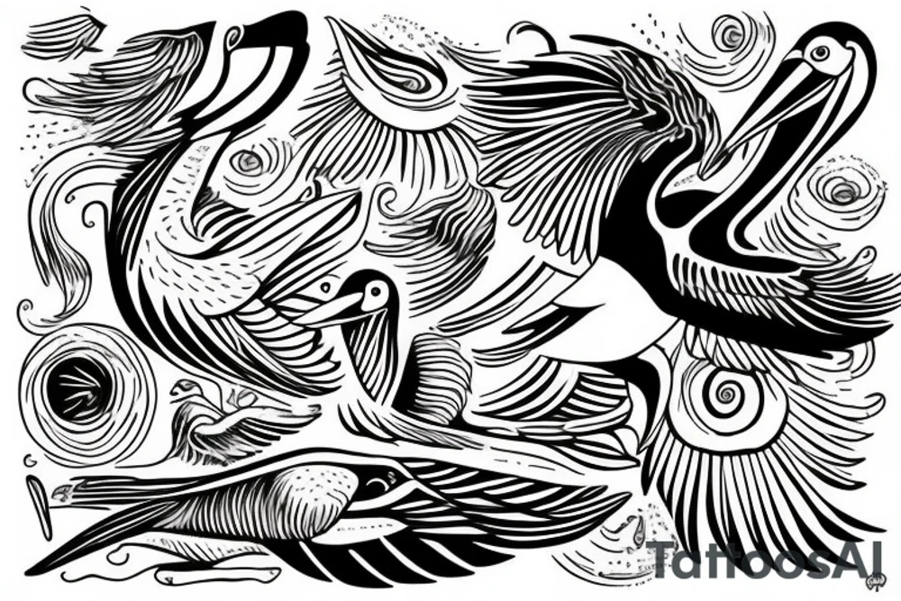 Pelican flying over the sea tattoo idea
