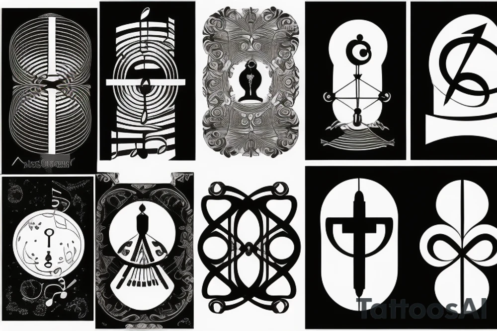 Piano keyboard and music symbols and simple composition tattoo idea