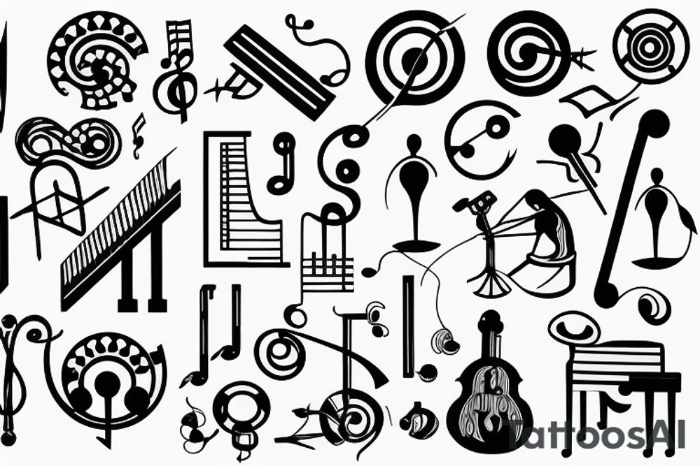 Piano keyboard and music symbols and simple composition tattoo idea