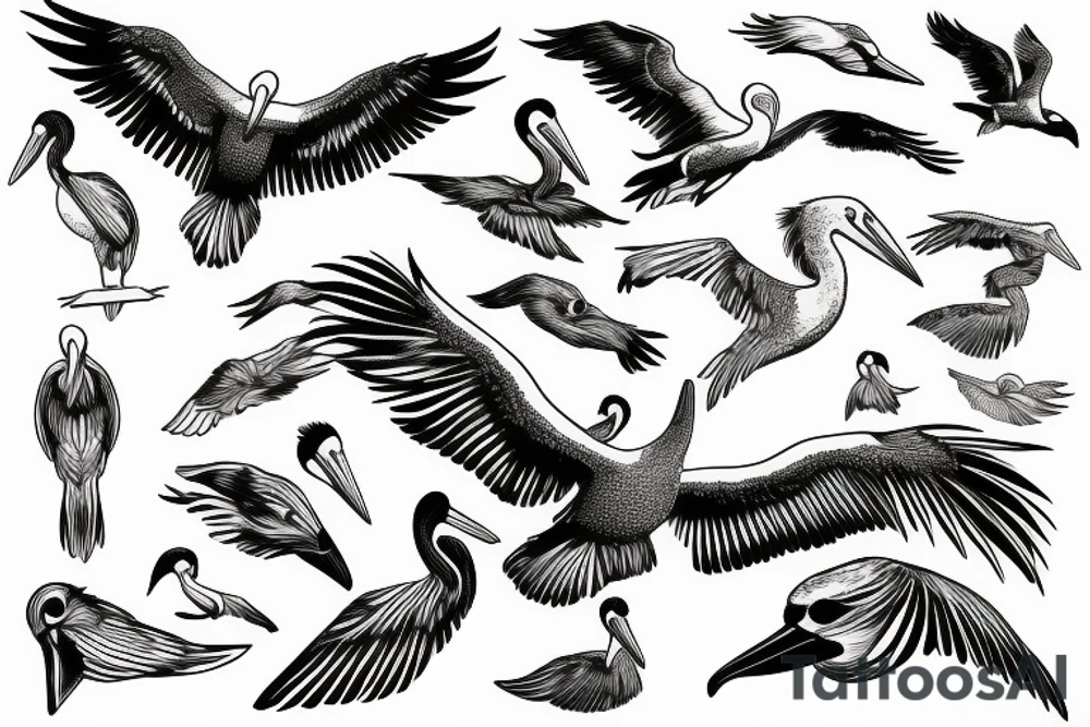 Pelican flying over the sea tattoo idea