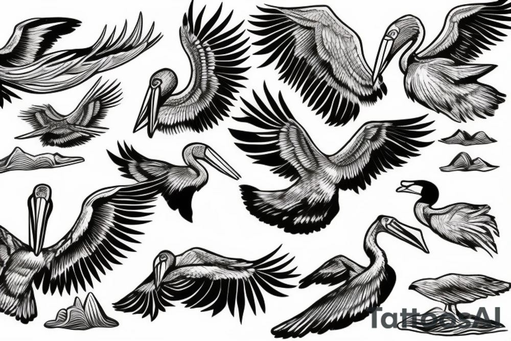 Pelican flying over the sea tattoo idea