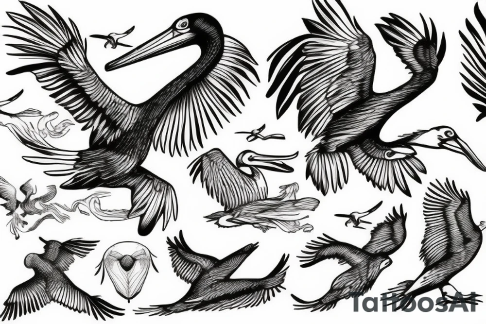 Pelican flying over the sea tattoo idea
