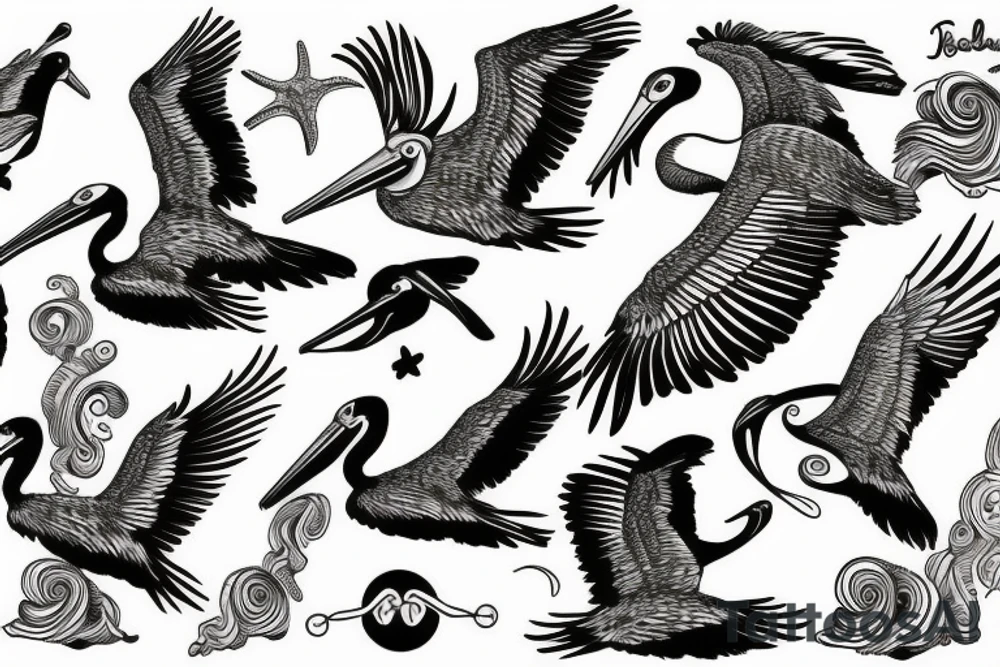 Pelican flying over the sea tattoo idea