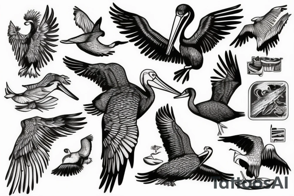 Pelican flying over the sea tattoo idea