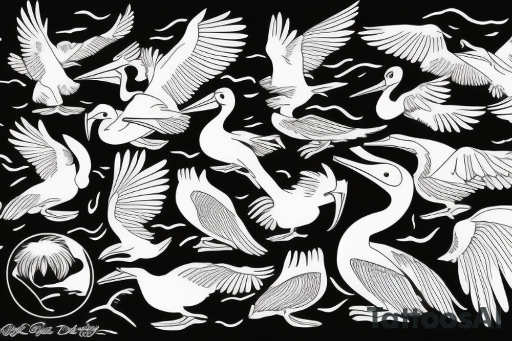 Pelican flying over the sea tattoo idea