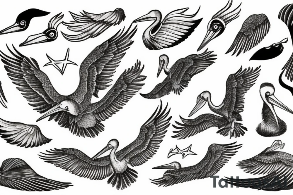 Pelican flying over the sea tattoo idea