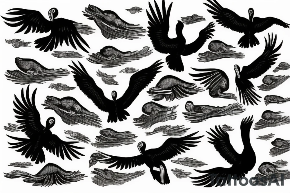 Pelican flying over the sea tattoo idea