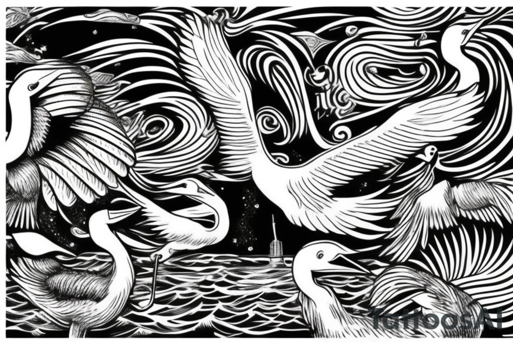 Pelican flying over the sea tattoo idea