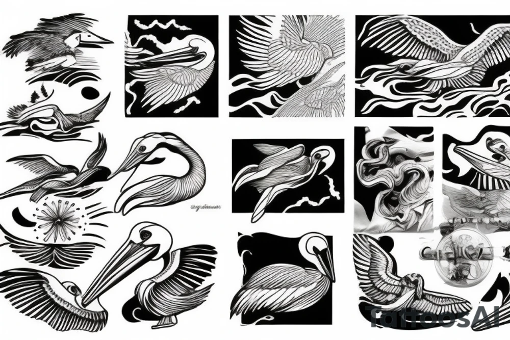Pelican flying over the sea tattoo idea