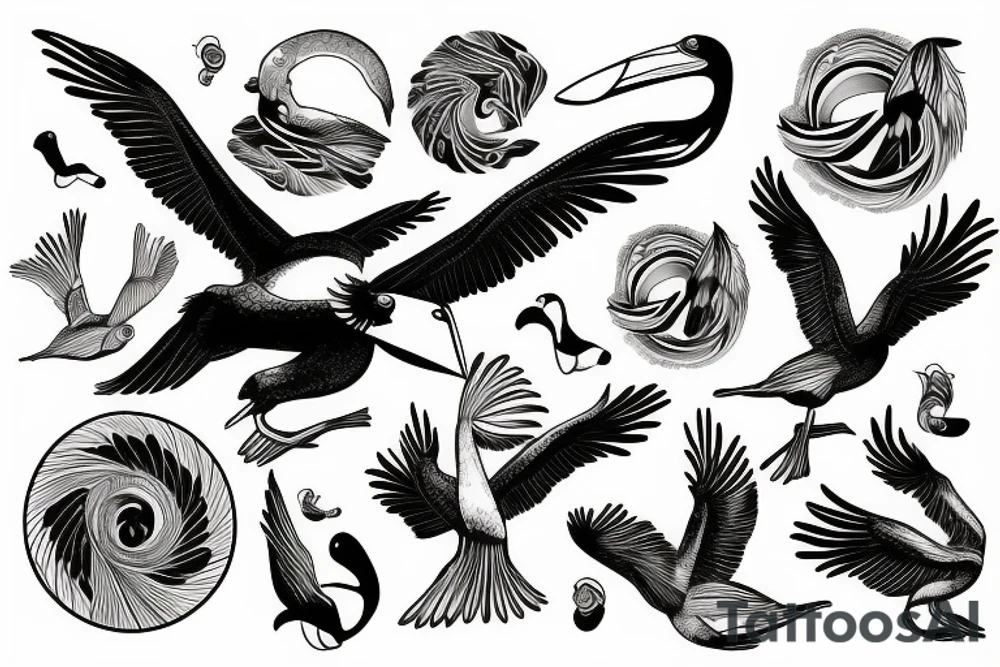 Pelican flying over the sea tattoo idea