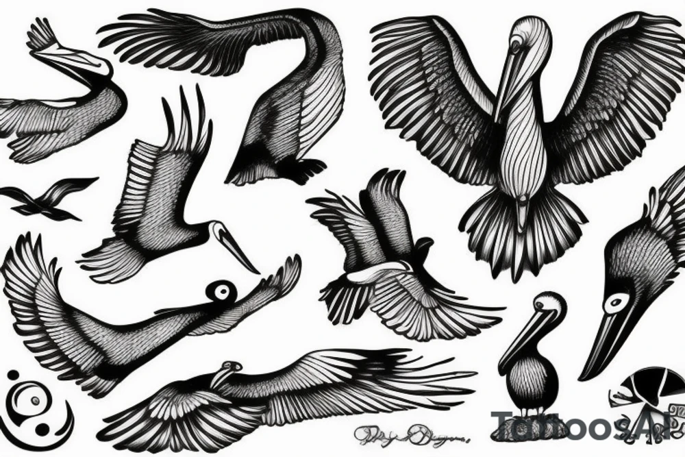 Pelican flying over the sea tattoo idea