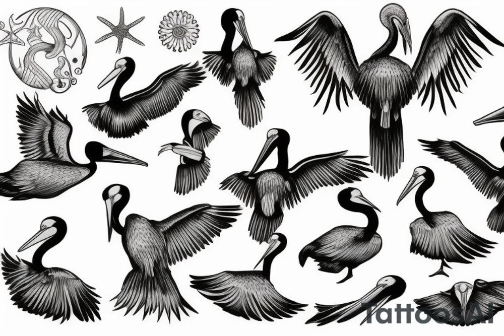 Pelican flying over the sea tattoo idea