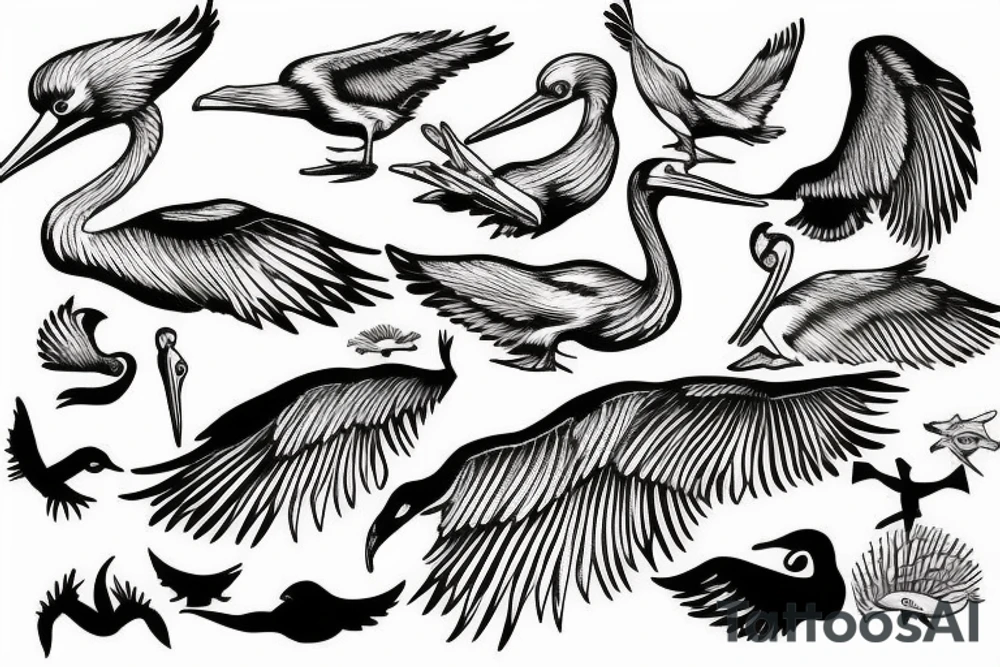 Pelican flying over the sea tattoo idea