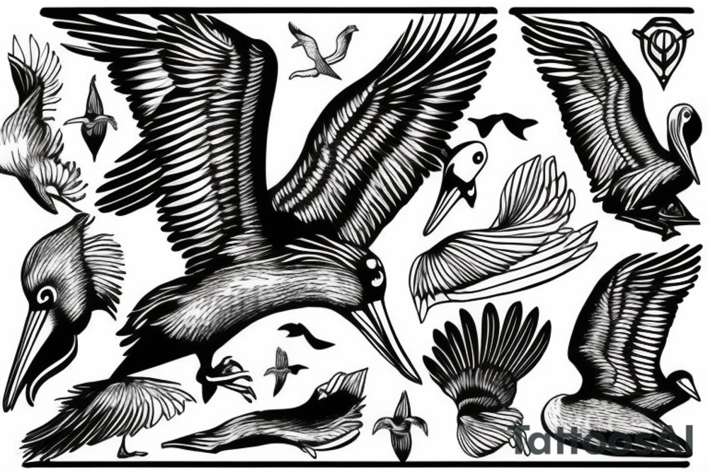 Pelican flying over the sea tattoo idea