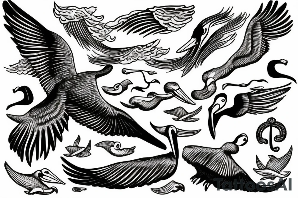 Pelican flying over the sea tattoo idea