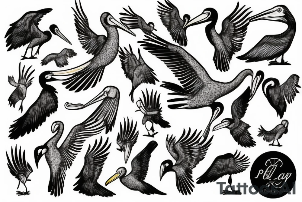 Pelican flying over the sea tattoo idea