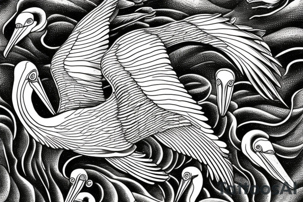 Pelican flying over the sea tattoo idea