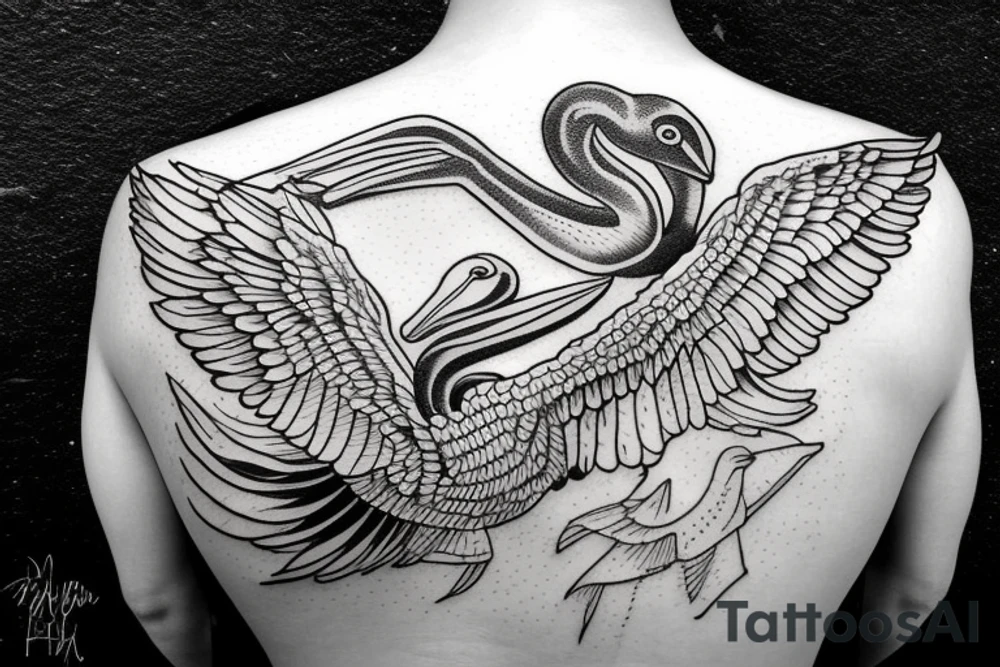Pelican flying over the sea tattoo idea