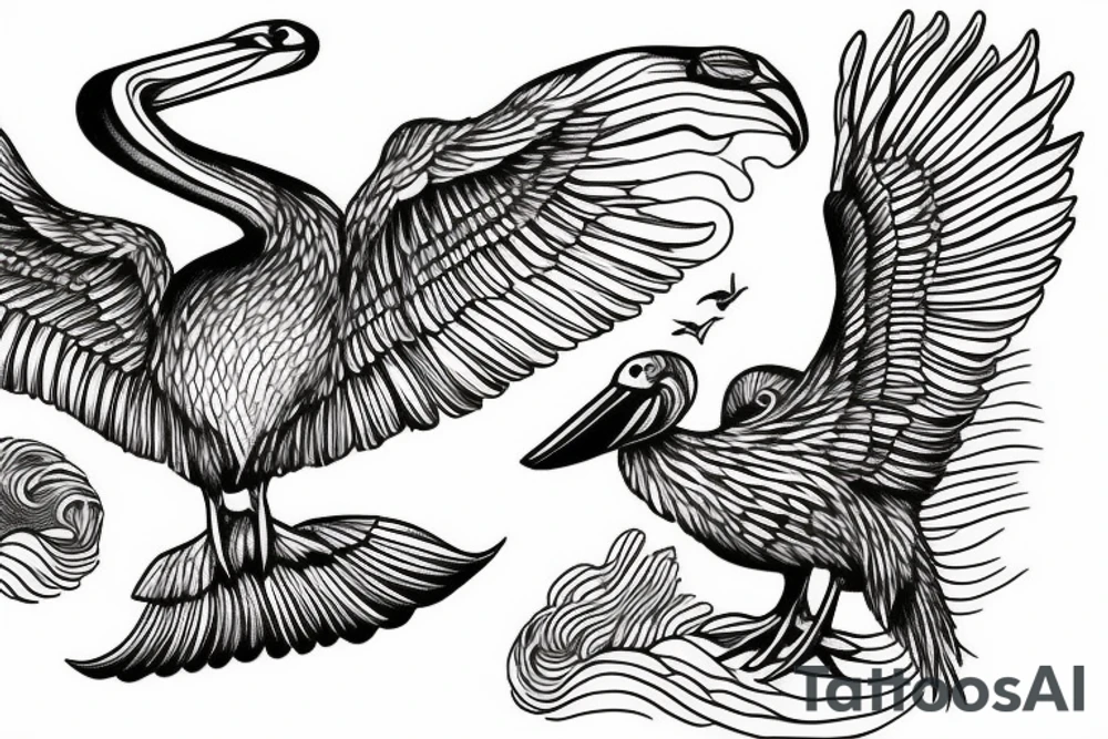 Pelican flying over the sea tattoo idea