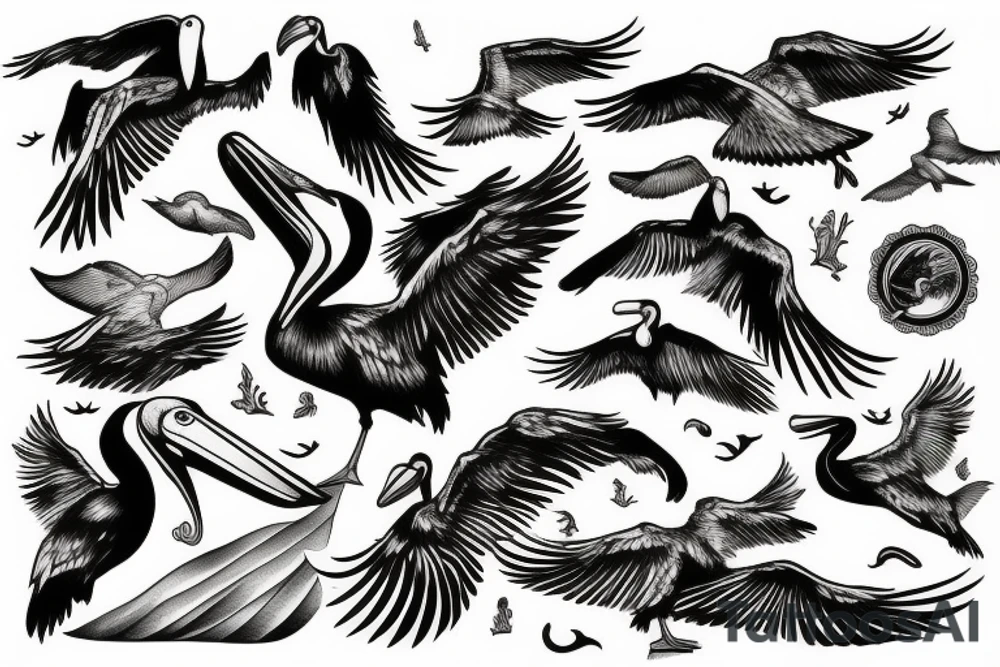 Pelican flying over the sea tattoo idea