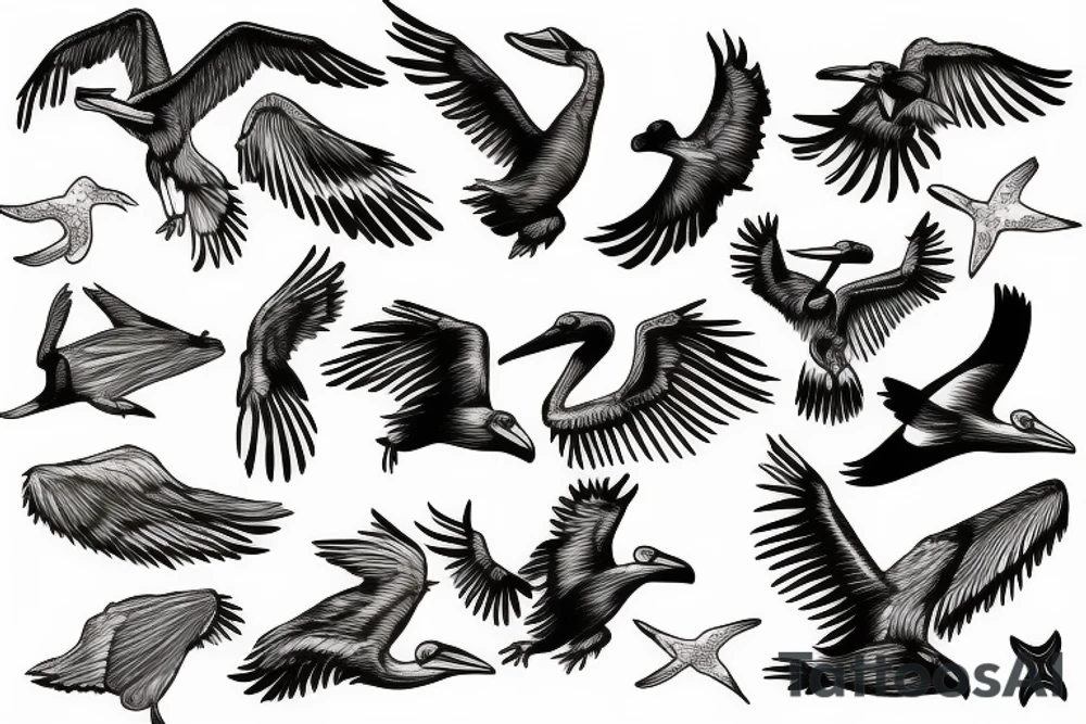 Pelican flying over the sea tattoo idea