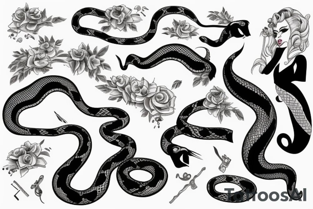 vintage femme fatale with snake and kimono tattoo idea