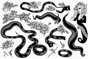 vintage femme fatale with snake and kimono tattoo idea