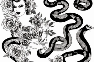 vintage femme fatale with snake and kimono tattoo idea