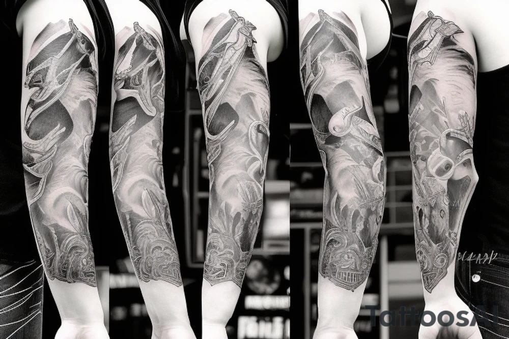 western cowboy longhorn revolver arm sleeve tattoo idea