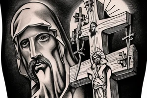 Face of christ looking down on 3 crosses of the crucifixion on the hill at Golgotha . Crown of thorns. tattoo idea