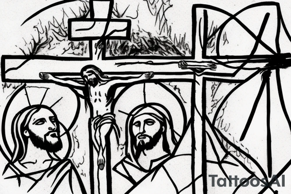 Face of christ looking down on 3 crosses of the crucifixion on the hill at Golgotha . Crown of thorns. tattoo idea