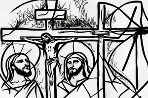 Face of christ looking down on 3 crosses of the crucifixion on the hill at Golgotha . Crown of thorns. tattoo idea