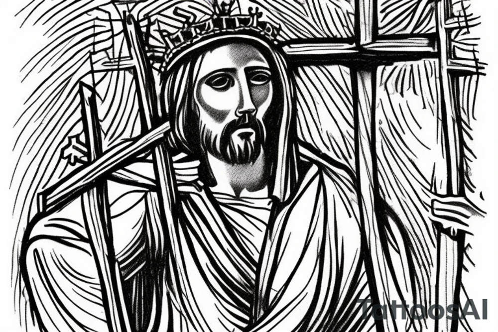 Face of christ looking down on 3 crosses of the crucifixion on the hill at Golgotha . Crown of thorns. tattoo idea