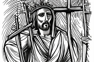 Face of christ looking down on 3 crosses of the crucifixion on the hill at Golgotha . Crown of thorns. tattoo idea