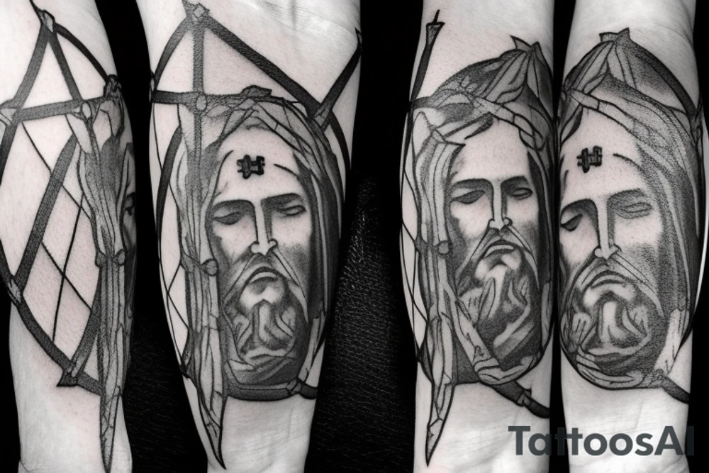 Face of christ looking down on 3 crosses of the crucifixion on the hill at Golgotha . Crown of thorns. tattoo idea