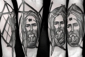 Face of christ looking down on 3 crosses of the crucifixion on the hill at Golgotha . Crown of thorns. tattoo idea