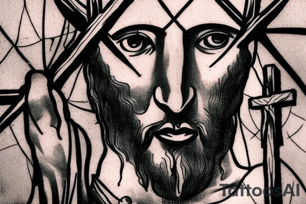 Face of christ looking down on 3 crosses of the crucifixion on the hill at Golgotha . Crown of thorns. tattoo idea