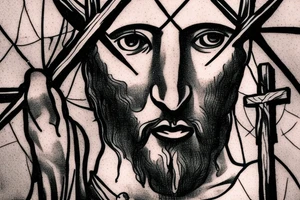 Face of christ looking down on 3 crosses of the crucifixion on the hill at Golgotha . Crown of thorns. tattoo idea