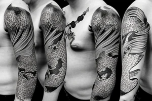 Koi fish, demon head, dragon sleeve tattoo idea